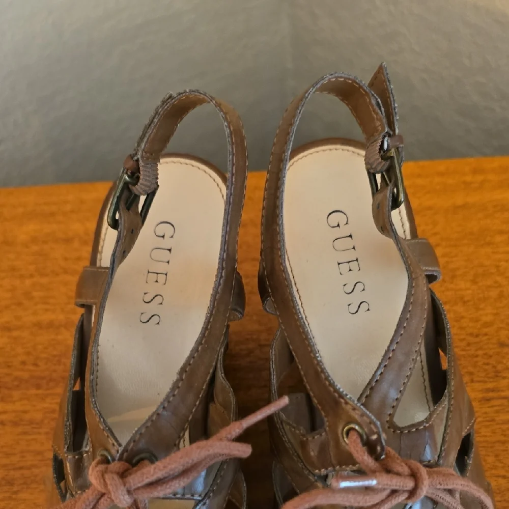 Guess Tan Strappy Lace Up Buckle Wedge Sandals Size 8